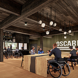 A lobby amenity space with roll up tables for wheelchair accessibility