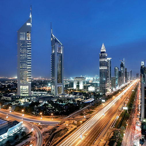The Gate Building in Dubai financial district at night