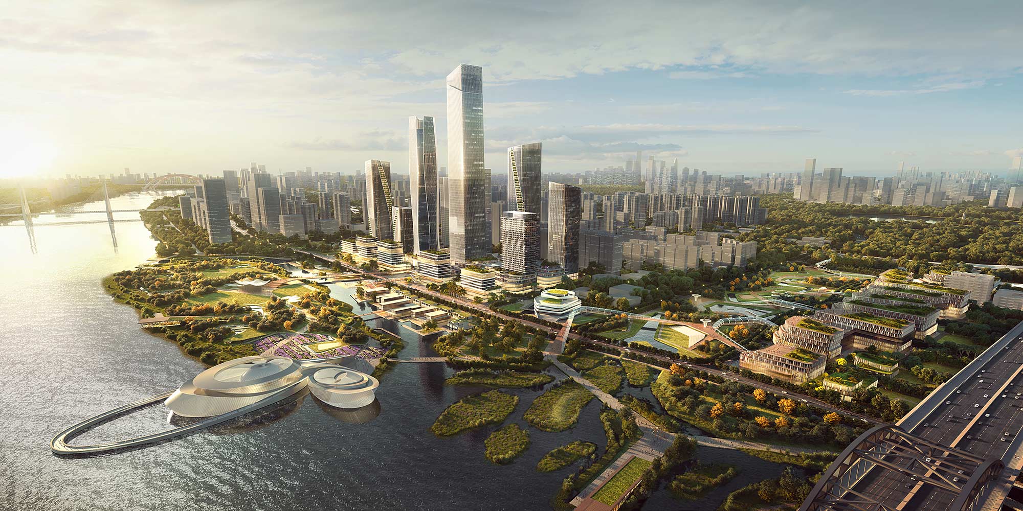 Haizhu Innovation Bay Lijiao Core Area Urban Design, Guangzhou, China. View from above.