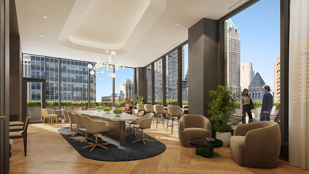 A room with a table chairs and a large window with a view of a city.