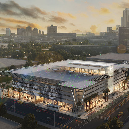 A large building with a parking lot.