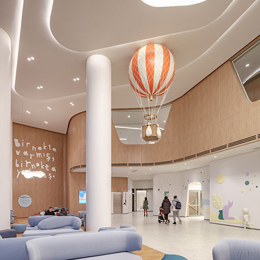 Acibadem Atasehir Hospital lobby with hot air balloon