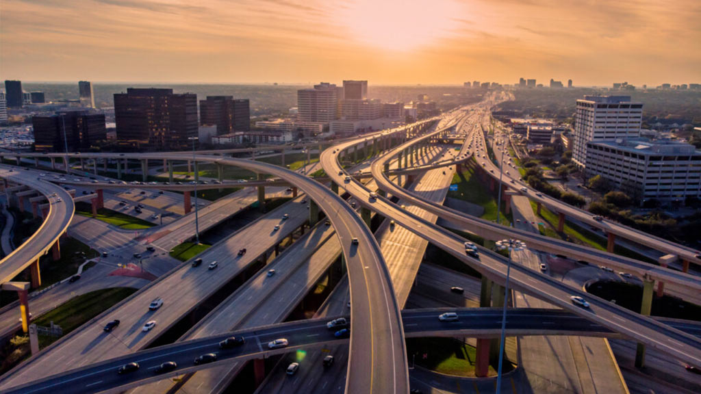 Dallas highways aerial view at sunset