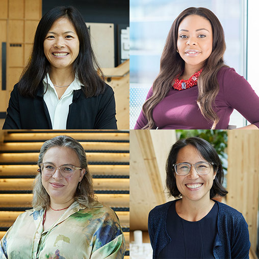 Collage of Gensler London 2024 Principals Diana Lee, Sarah Ekundayo, Juliette Morgan, Naomi Sakamoto