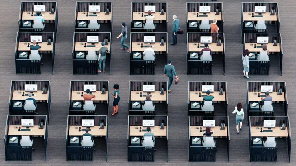 Illustration of workstations in rows. Credit Mikkelwilliam | E+ | Getty Images.