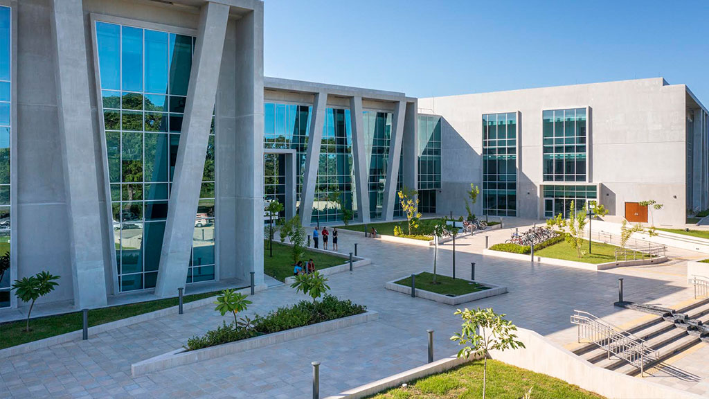 A building with glass windows.