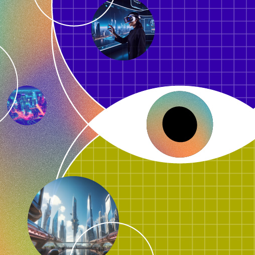 Graphic depiction of designing in the metaverse with woman wearing a headset.