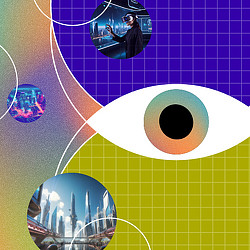 Graphic depiction of designing in the metaverse with woman wearing a headset.