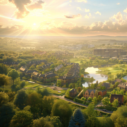 A city with many buildings and trees.