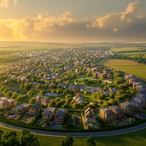 A city with many buildings and trees.