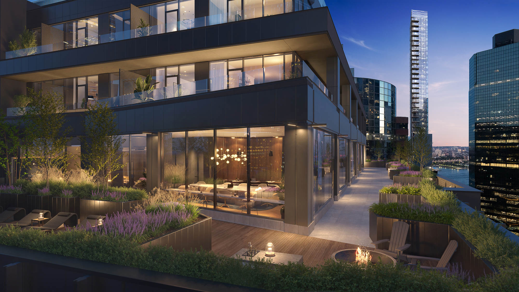 A building with a pool and trees.