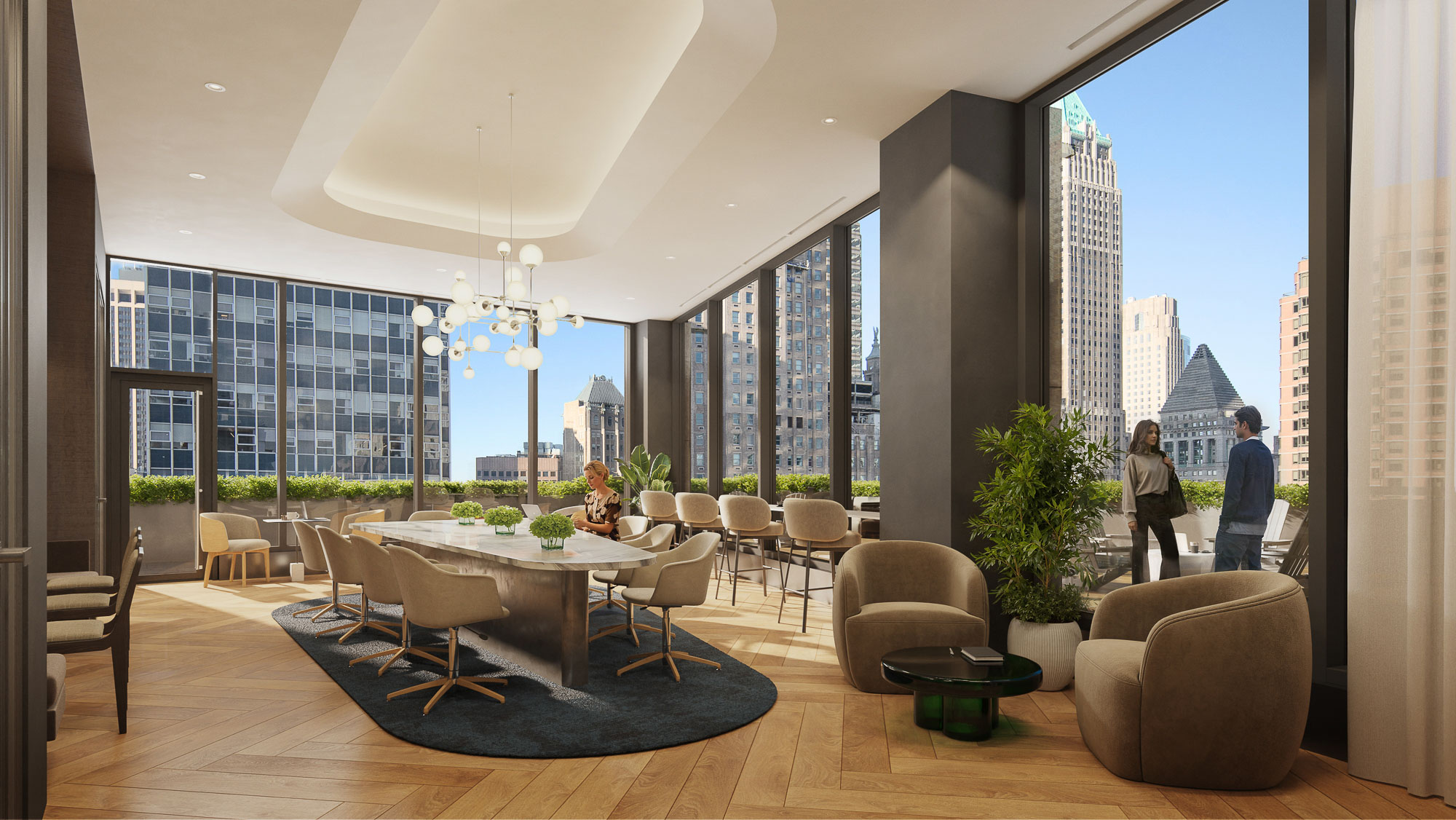 A room with a table chairs and a large window with a view of a city.