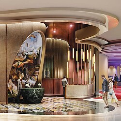 A group of people walking around a museum.