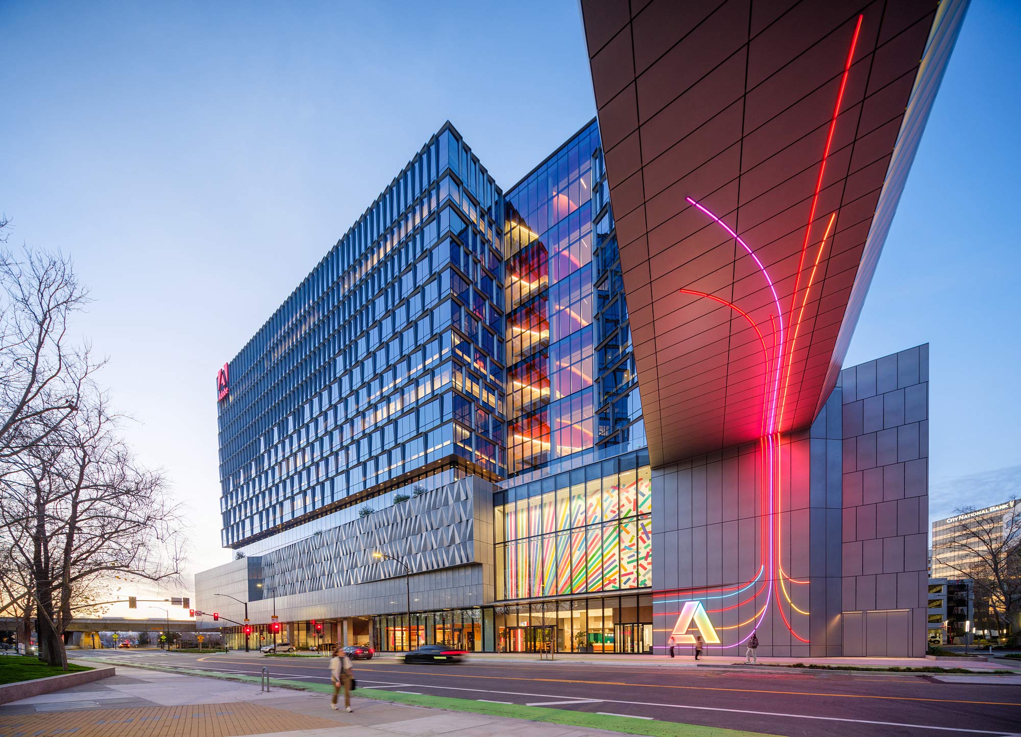 A large building with a large glass front.