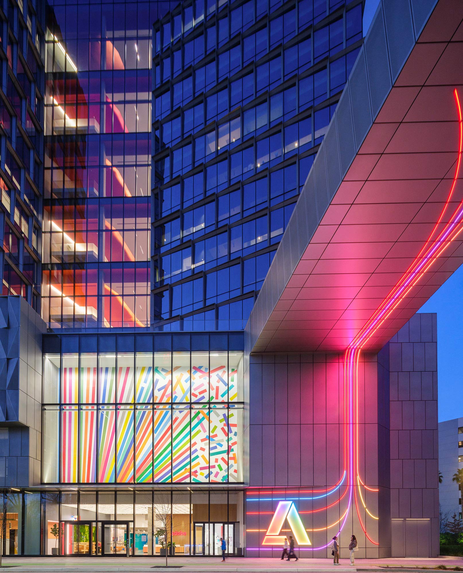 A building with colorful lights.