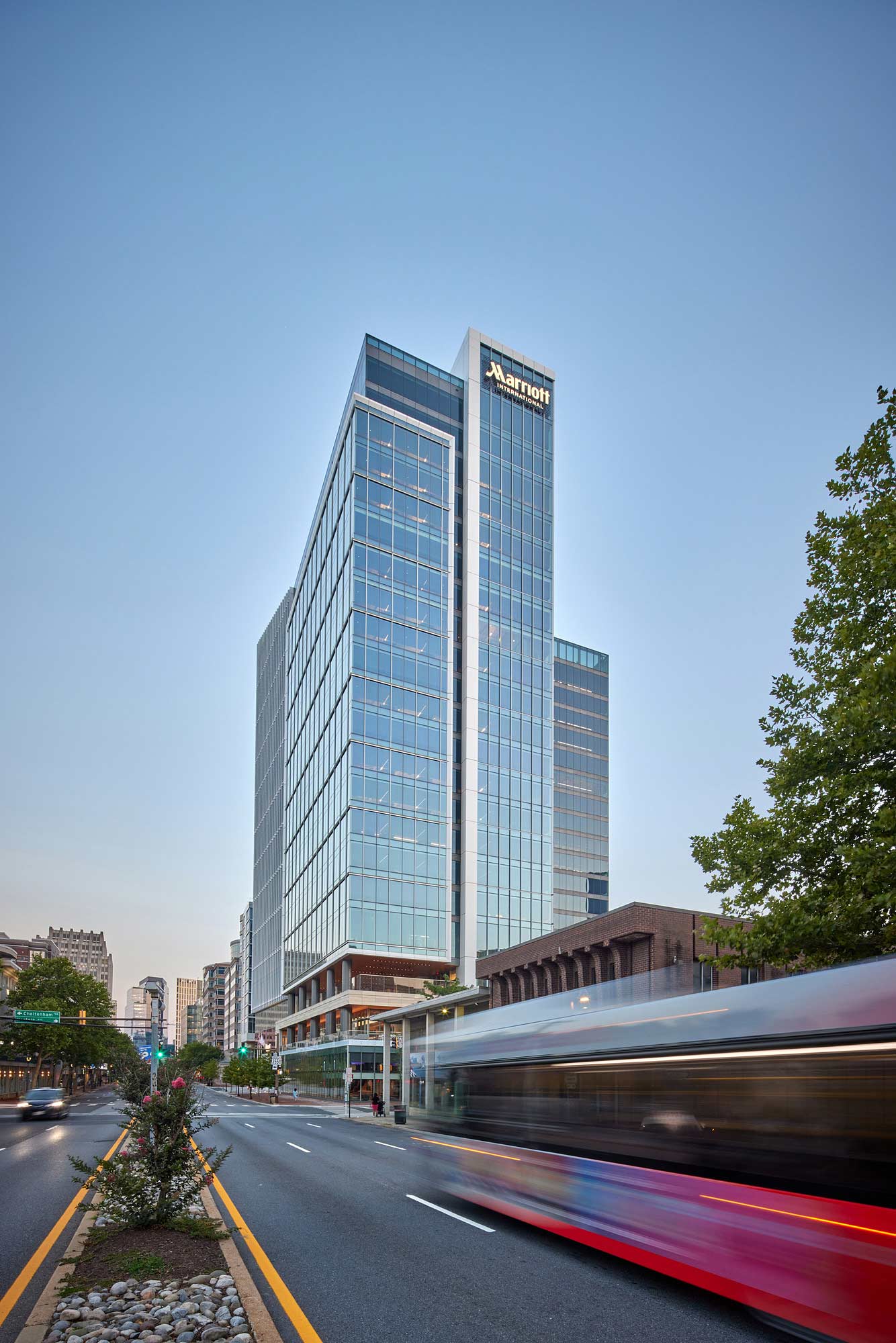 A tall glass building.