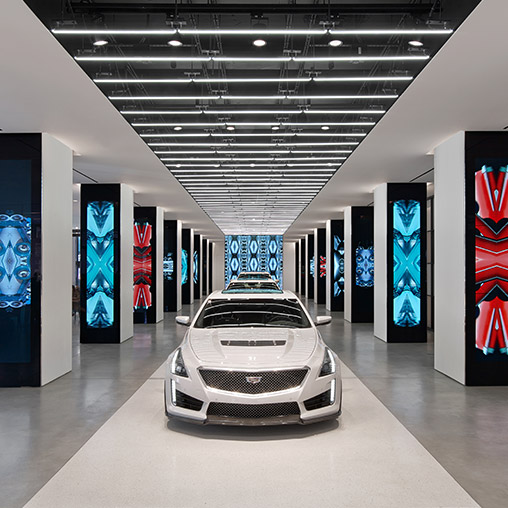 Cadillac House car display with digital screens