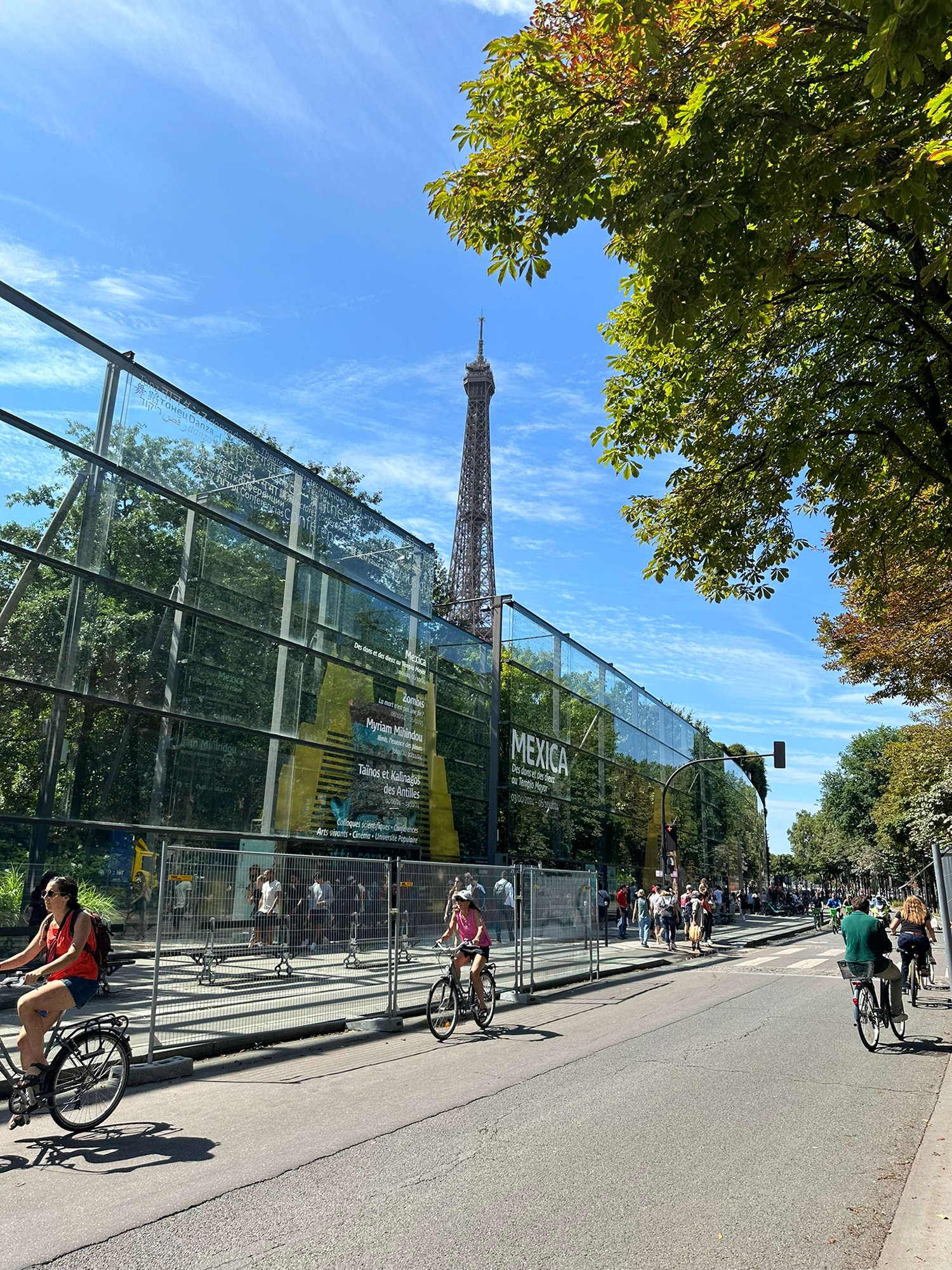 People riding bikes on a street.