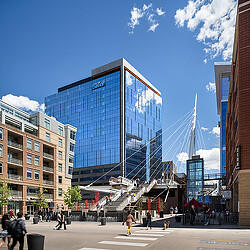 A large glass building.