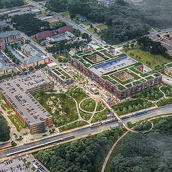 An aerial view of a stadium.