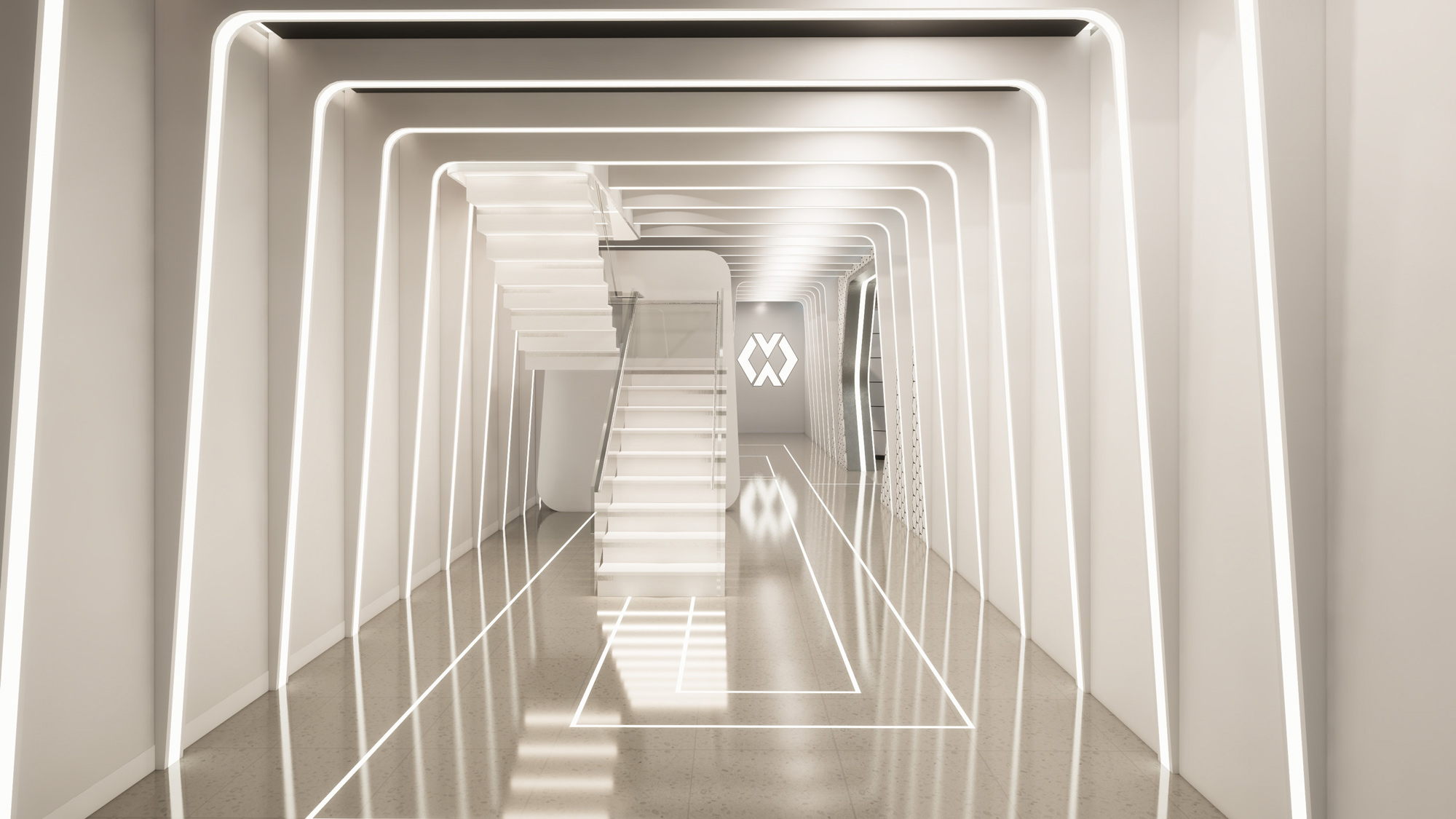 A hallway with futuristic white lighting and stairs on the left.