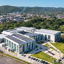 Aerial view of a large building.