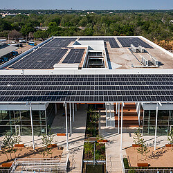 A building with solar panels.