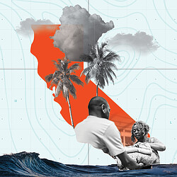 Graphic of a man and a woman preparing necessities during a natural disaster.