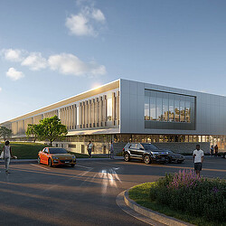 A building with cars parked in front.