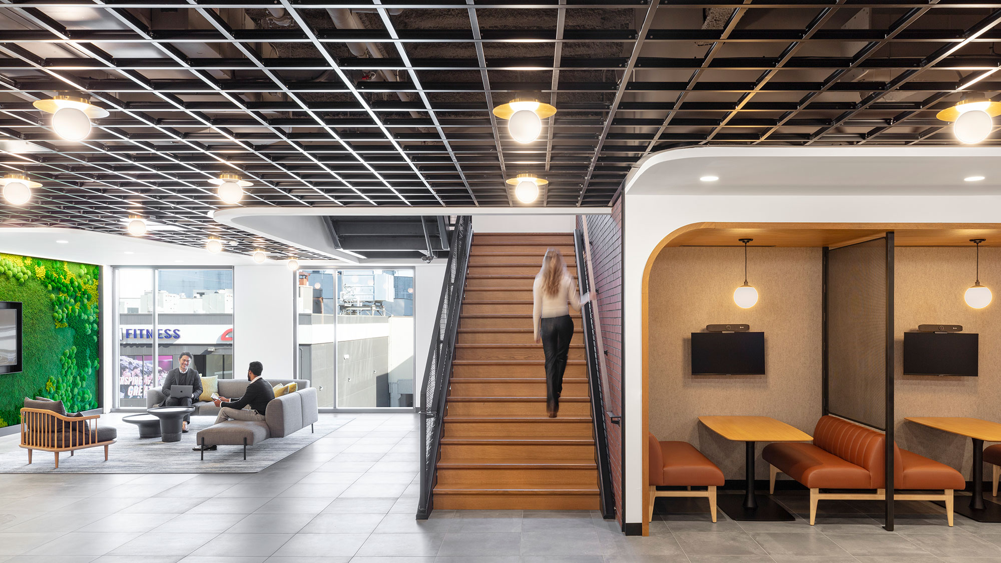 A person walking up a staircase.