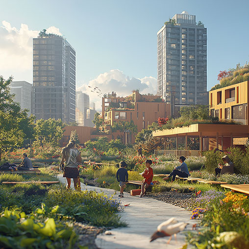 A group of people sitting on a bench in a park with tall buildings.