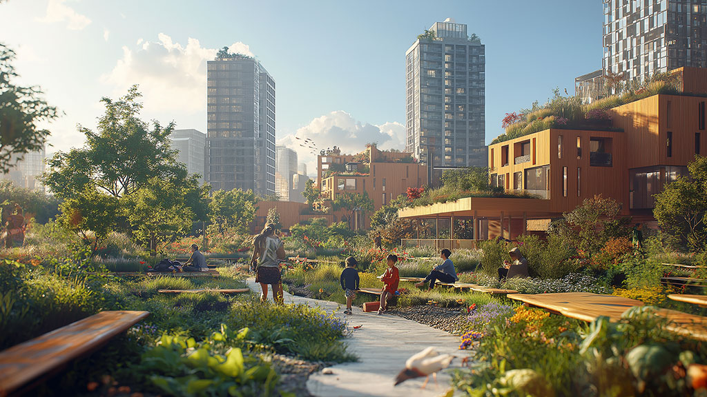 A group of people sitting on a bench in a park with buildings in the background.
