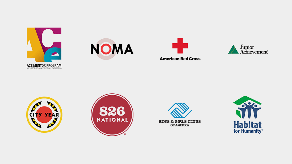 Logos: ACE Mentor Program, City Year, NOMA, 826 National, American Red Cross, Boys & Girls Club of America.