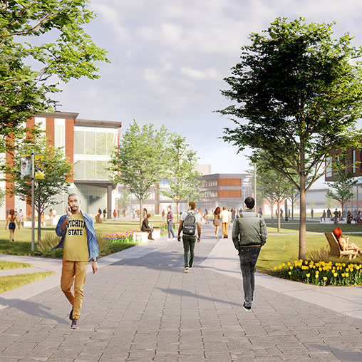 Rendering of students walking on path with trees at Wichita State University Campus