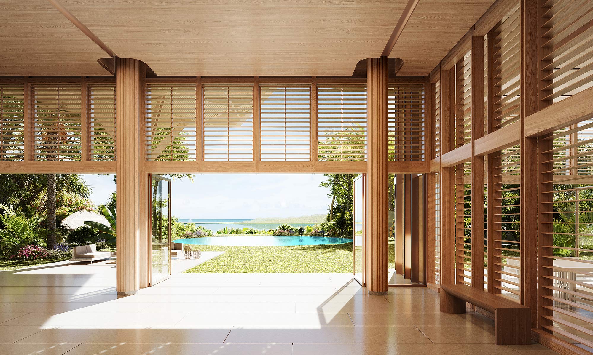 A room with a large window and a pool.