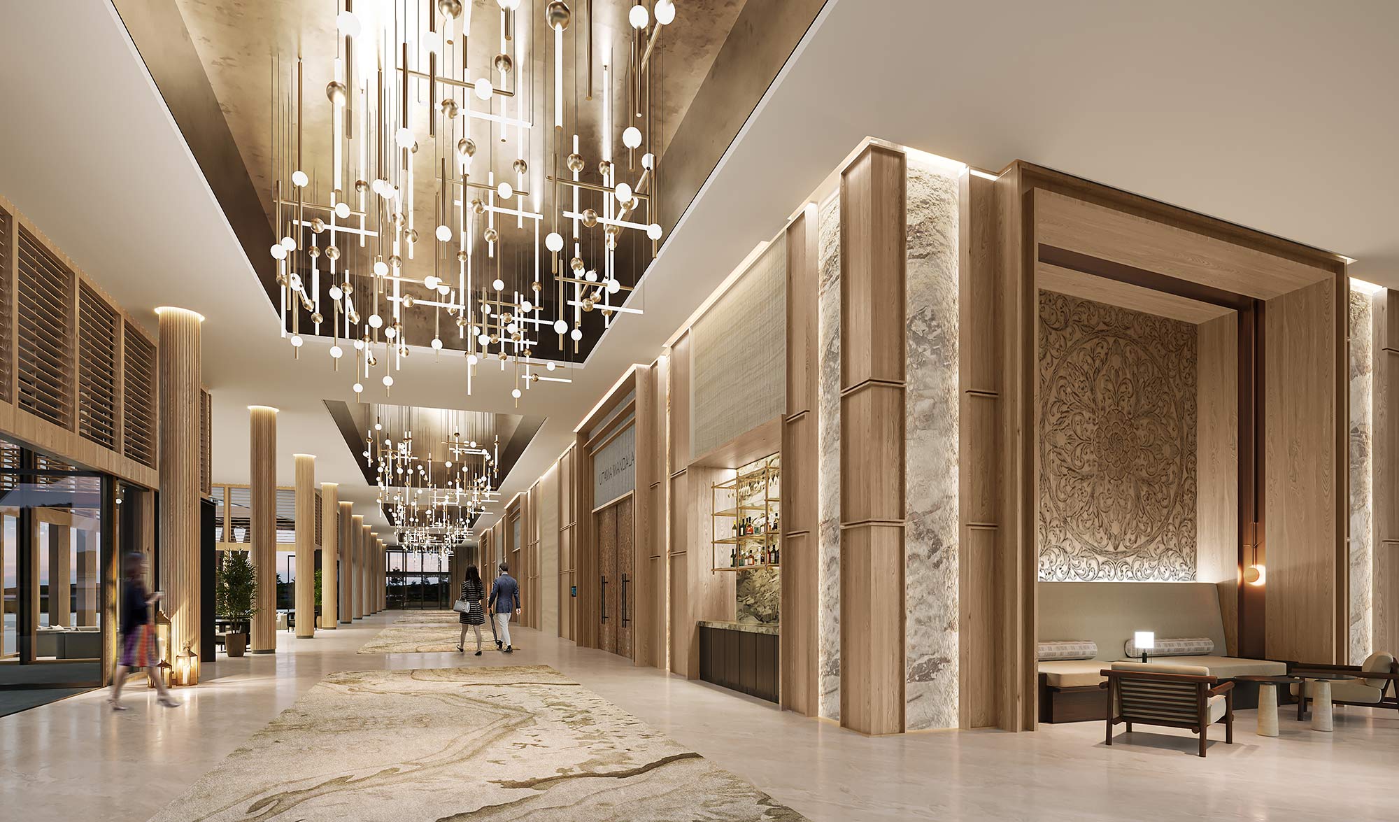 A large room with a chandelier and people walking around.
