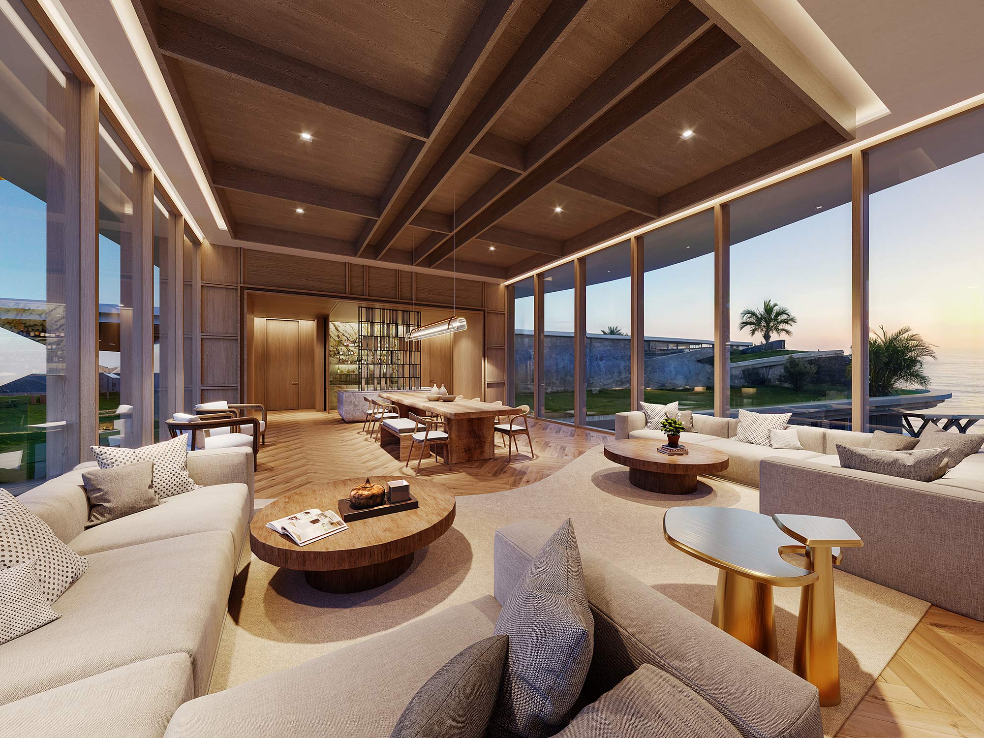 A large living room with a large window.