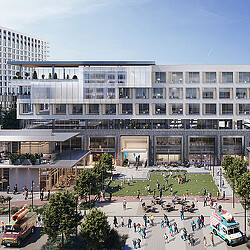 A large building with many windows.