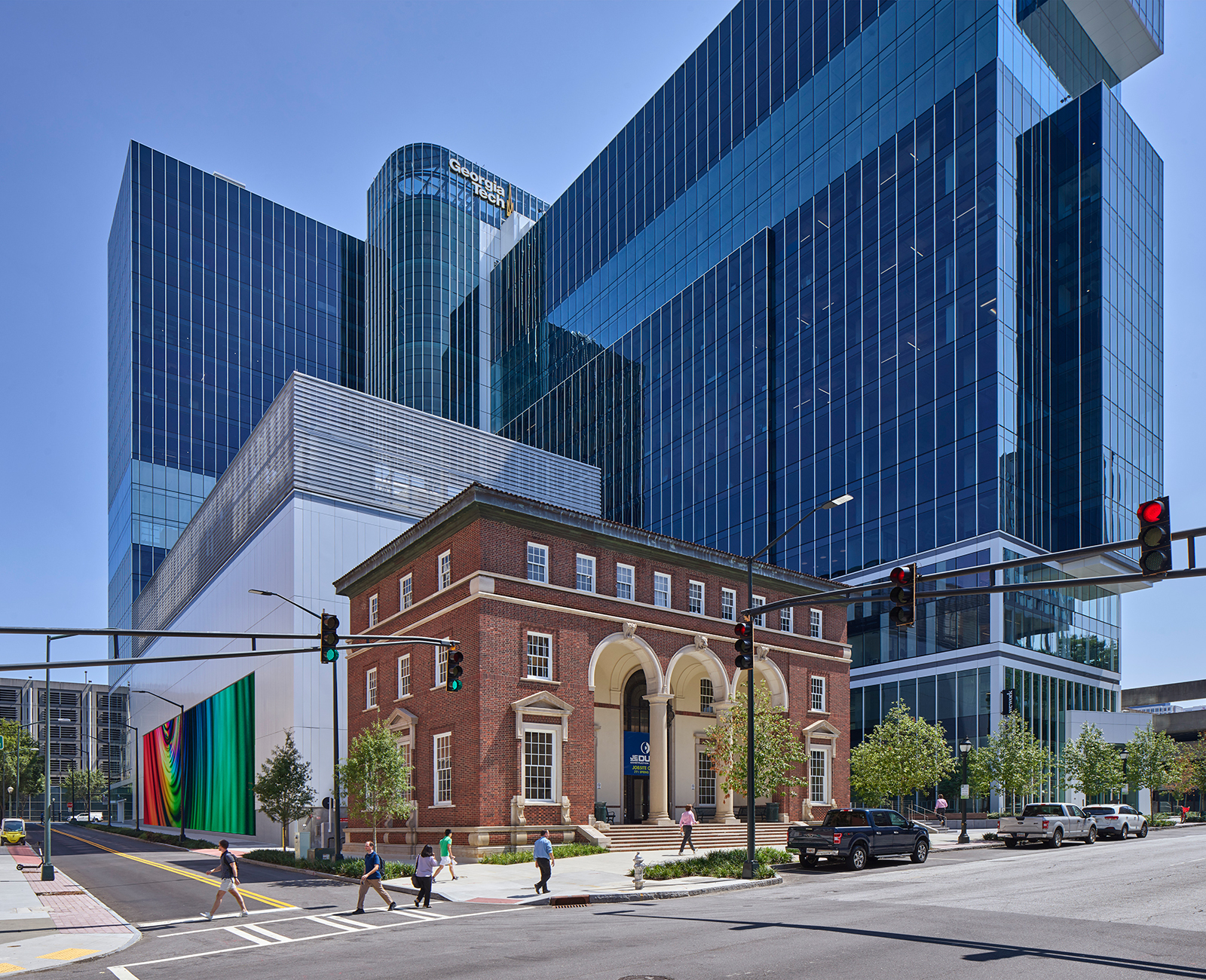 A large building with glass windows.