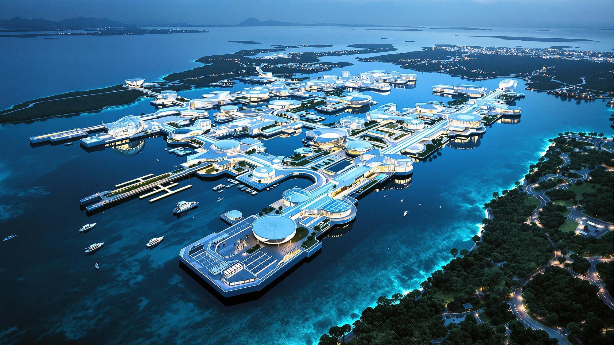 Aerial rendering of connected city in ocean