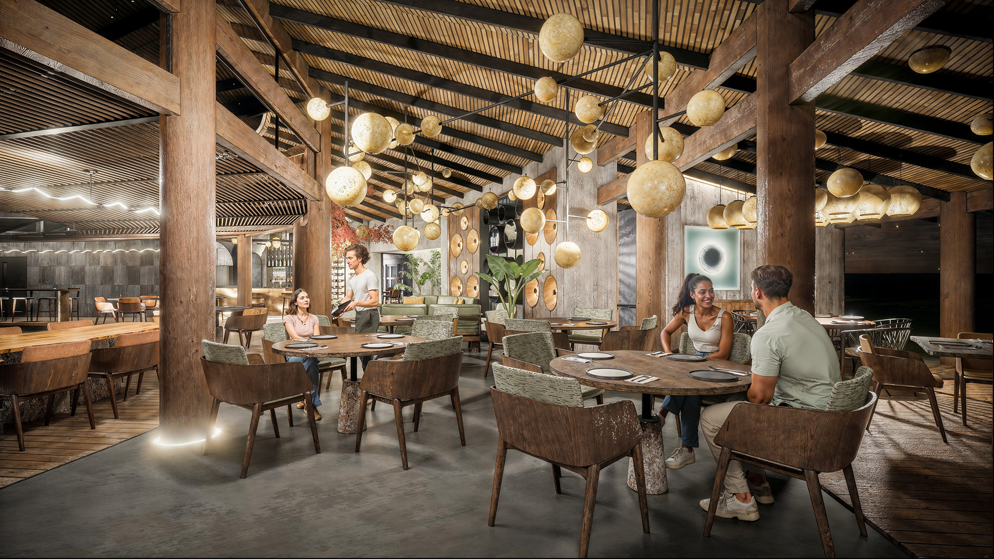 People sitting at tables in a restaurant.