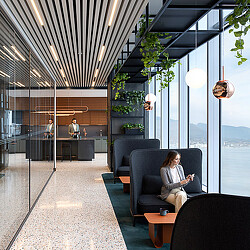 Executive floor hallway and lounge chairs by window