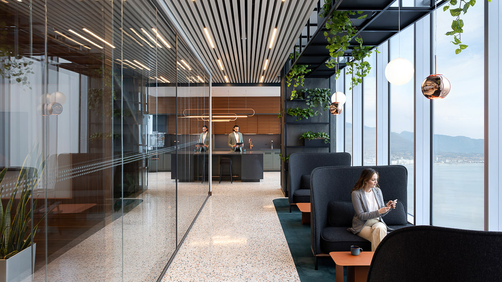 Executive floor hallway and lounge chairs by window