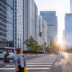 A person crossing a street.
