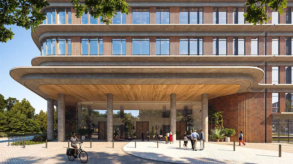 A building with columns and a bike.