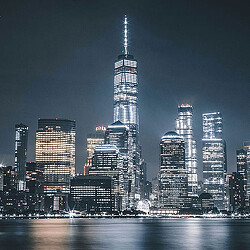A city skyline at night.