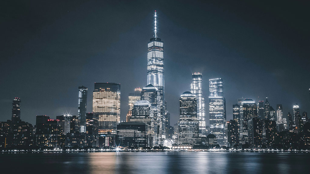 A city skyline at night.