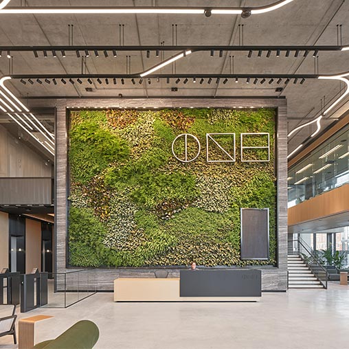 ONE Station Hill lobby with biophilic wall