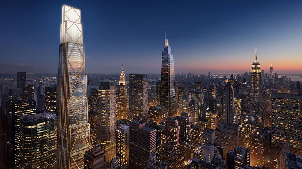 JPMorgan Chase 270 Park Avenue headquarters aerial rendering at night