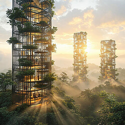 A tall tower with trees and buildings in the background.
